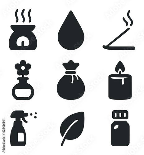 Aromatherapy Icon Set. Solid, filled icons set of aromatherapy: diffuser, oil drop, incense stick, flower
