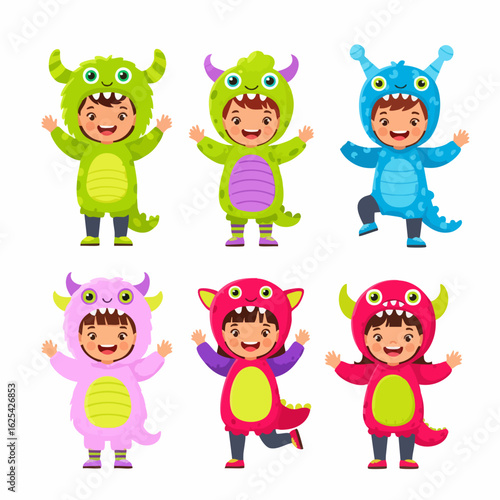 Cute Cartoon Illustration Set of Little Children in Monster Costume