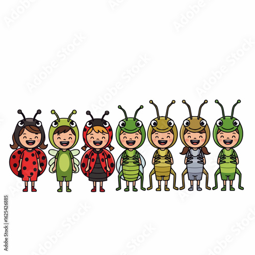 Colorful Cartoon Style Children in Insect Costume Outfit Illustration