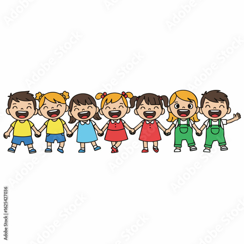 Cute Cartoon Style Illustration of Children Holding Hands Together Characters