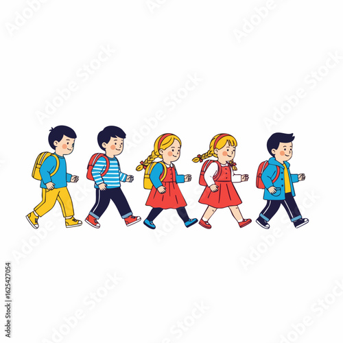 Cartoon Style Detailed School Children Walking Together Illustration Graphic Asset