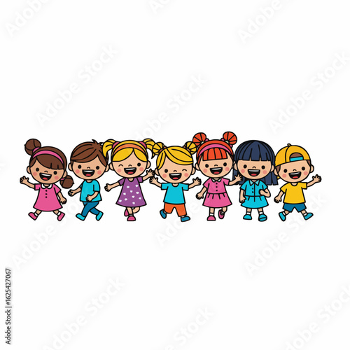 Flat Illustration Diverse Group Of Happy Children Standing Together Character