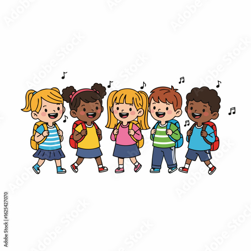 Cute Cartoon Style Happy Children Walking Together Going to School Illustration