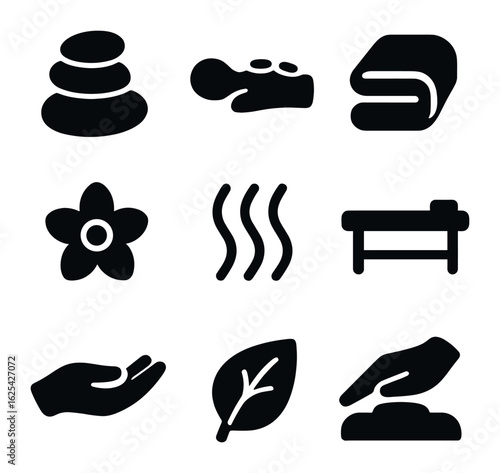 Hot Stone Icons Set. olid, filled icons set of hot stone massage: stones stack, body silhouette, towel, oil
