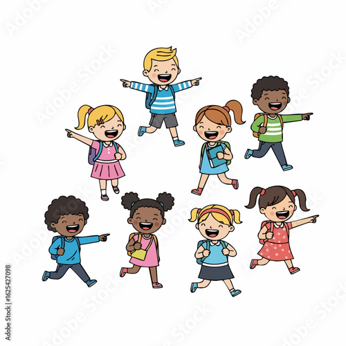 Colorful Handdrawn Group of Cheerful Schoolchild Character Illustration Graphic
