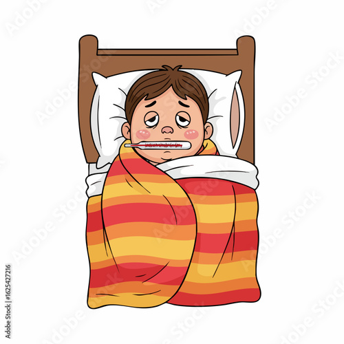 Cartoon Ill Boy Lying in Bed with Thermometer Illustration
