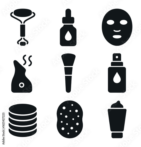 Facial Treatment Tools Icons. olid, filled icons set of facial treatment tools: jade roller, serum bottle,