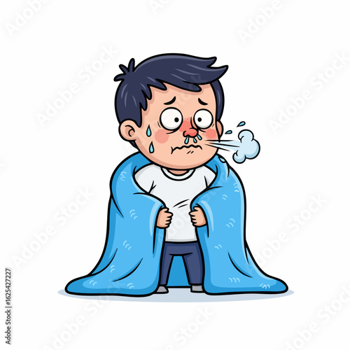 Cartoon Style Detail Sick Boy with Blanket Healthcare Illustration
