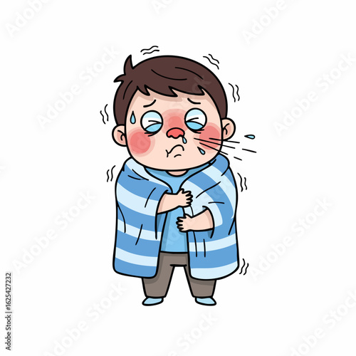 Cartoon Style Sick Little Boy Wrapped in Blanket Illustration