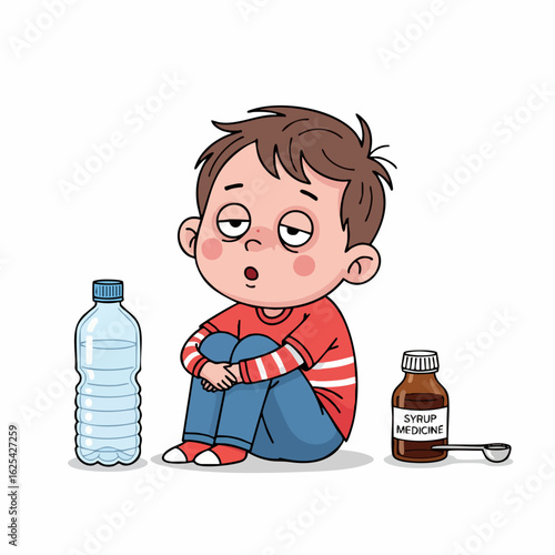 Cartoon Style Depressed Boy with Flu Illness and Treatment Illustration