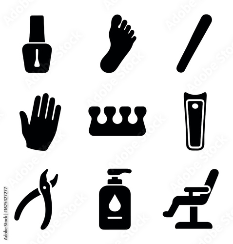 Manicure Pedicure Icons. olid, filled icons set of manicure and pedicure: nail polish, foot icon, nail file,