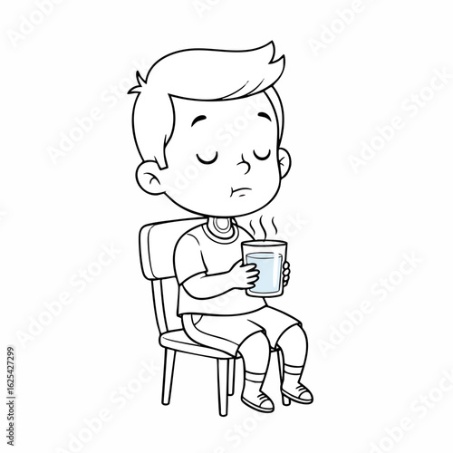 Line Art Boy Drinking Hot Drink While Sitting on Chair Illustration