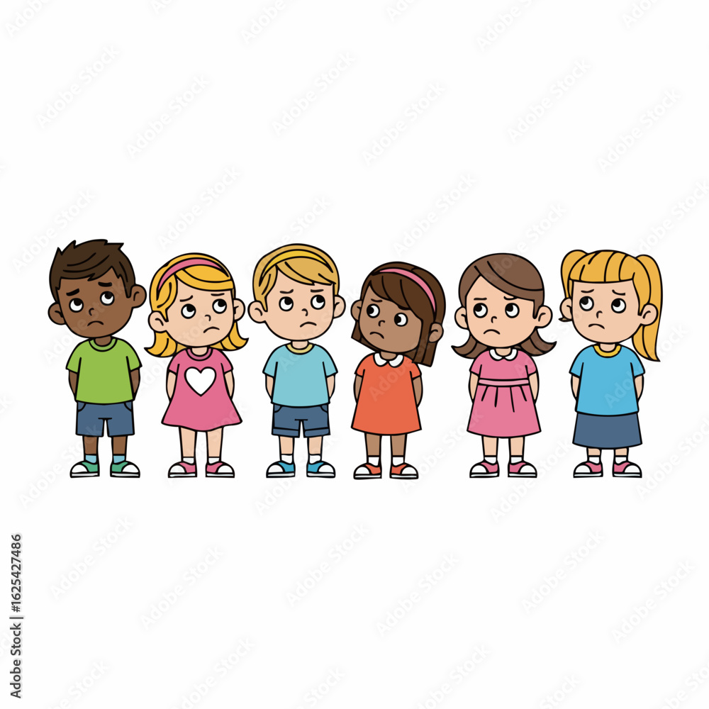 Cartoon Hand Drawn Group of Unhappy Diverse Children Illustration Cartoon Hand Drawn Group of Unhappy Diverse Children Illustration