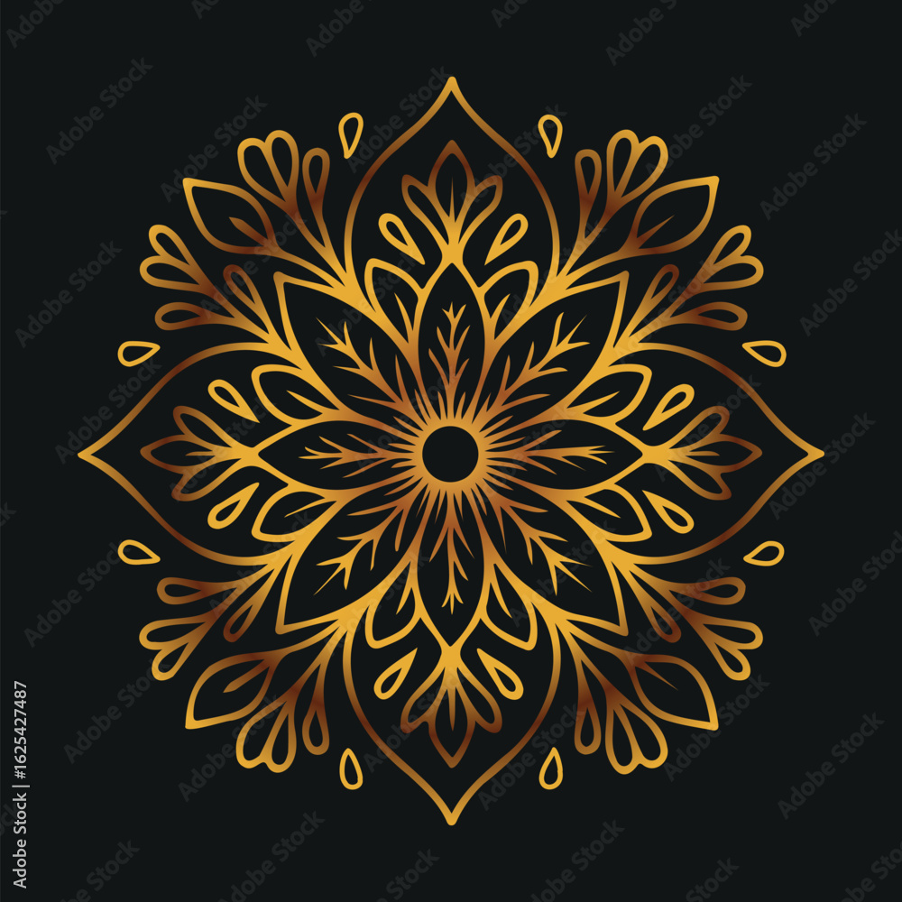 Golden Ornamental Mandala on Black Background Golden Ornamental Mandala on Black Background