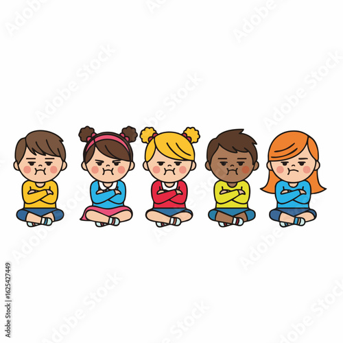 Flat Illustration Group of Angry Kids Sitting Together in Bad Mood