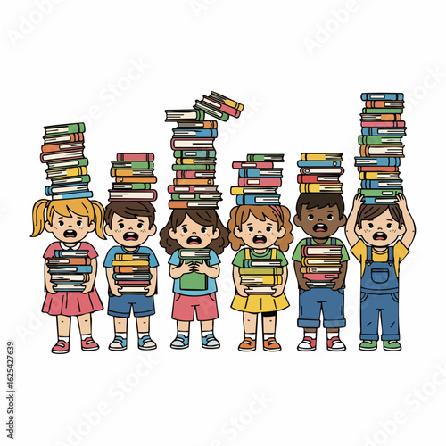 Cartoon Handdrawn Overwhelmed Kids Holding Stacked Book Illustration