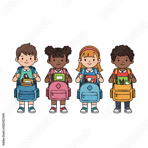 Cute Cartoon Group of Children with Backpacks Back to School Illustration