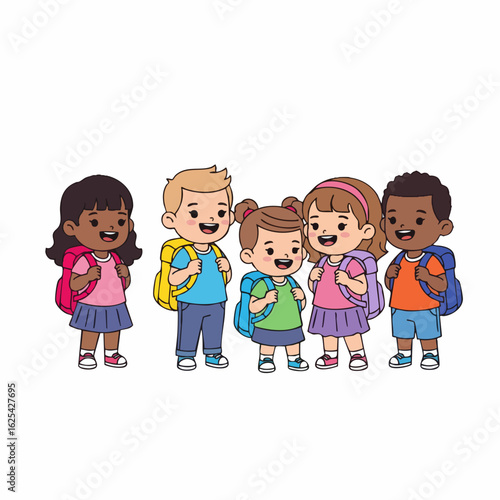 Cartoon Style Diverse Group of Kids with Backpacks Illustration