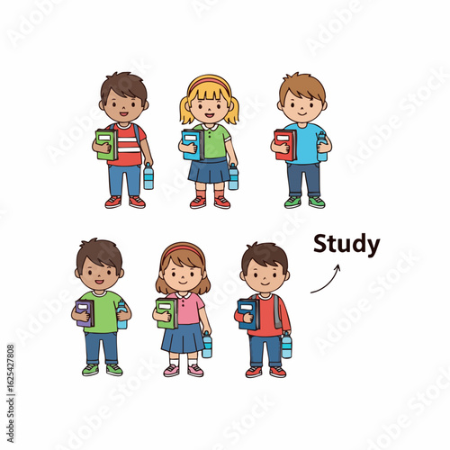 Cartoon Style Diverse Students Carrying Books and Water Bottles Illustration