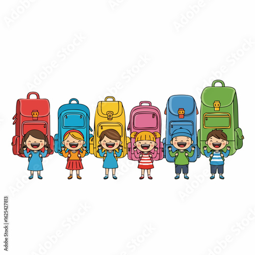 Cheerful Cartoon Group of Children Holding Backpacks Ready for School Illustration