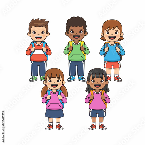 Colorful Cartoon Style Children with Backpacks Illustration of Education