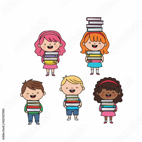 Flat Design Happy Diverse Children Holding and Balancing Stack of Books