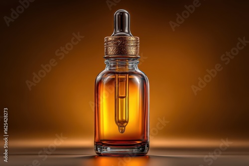 Wallpaper Mural Glass bottle containing amber liquid with dropper, sitting on a surface against a warm brown gradient background Torontodigital.ca