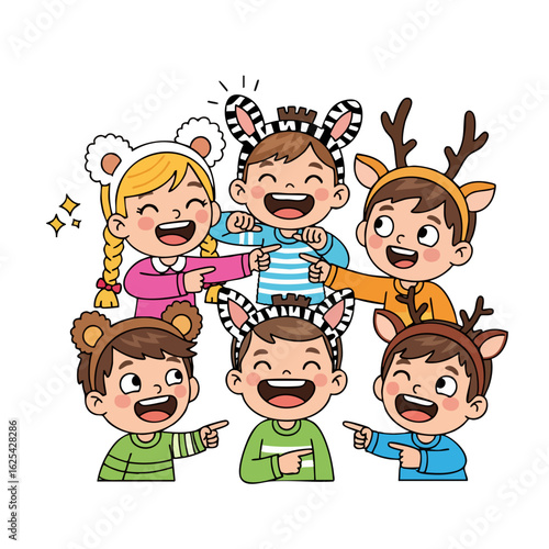 Cartoon Joyful Children Wearing Animal Headband Costume Illustration