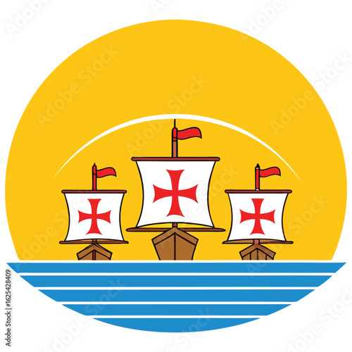 Three stylized ships with red crosses sails on a blue ocean against yellow sky