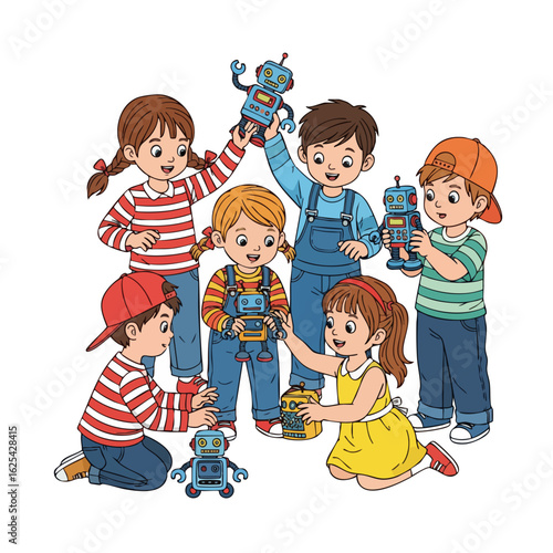 Cartoon Style Cheerful Children Playing with Robots Illustration Asset