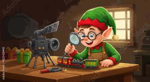 Cartoon elf inspecting a toy train with a magnifying glass next to a camera and christmas presents