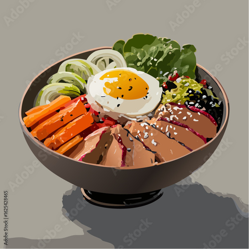  Koreanische Bibimbap-Bowl mit Wagyu-Rind und violettem Reis