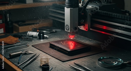 A machine that is cutting a piece of wood showing a laser engraver etching a logo into a leather wallet on a workshop table