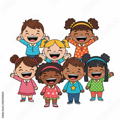 Cheerful Cartoon Style Diverse Group of Children Characters Illustration