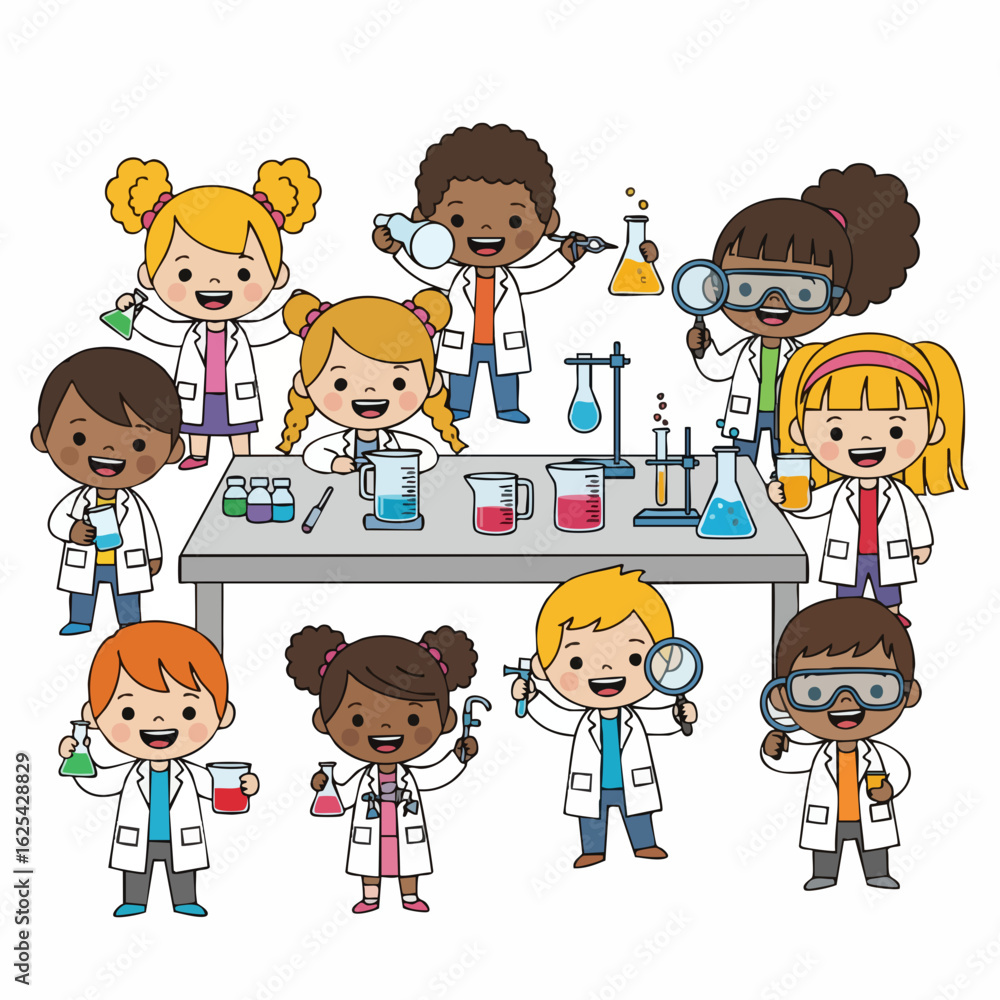 Cute Cartoon Illustration of Diverse Children Performing Science Experiment in Laboratory Cute Cartoon Illustration of Diverse Children Performing Science Experiment in Laboratory