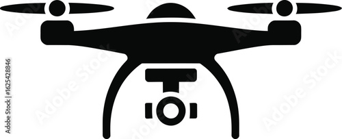 Modern quadcopter drone with camera viewed from the front in a clean black silhouette style