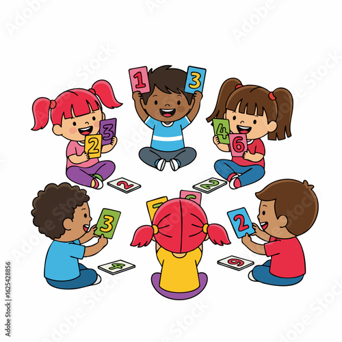 Cartoon Style of Children Playing Card Games in a Circle Illustration