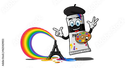 Cartoon paint tube with beret and palette painting eiffel tower with rainbow paint stream design