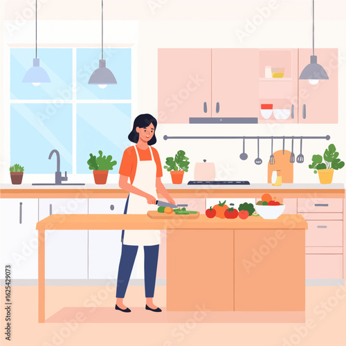 Flat design vector of a woman preparing a meal at home, chopping vegetables on a cutting board in a modern kitchen.