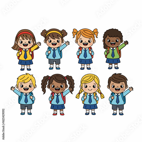 Cartoon Style Diverse Group of Elementary School Student Character Illustration
