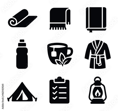 Wellness Retreat Icons. olid, filled icons set of wellness retreat gear: yoga mat, towel, journal, water