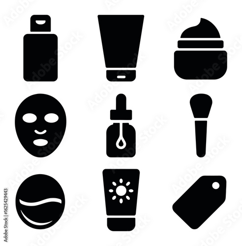 Skincare Icon Set. olid, filled icons set of skincare routine items: toner bottle, cleanser, moisturizer, face