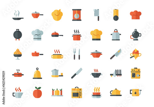 Collection of Flat Design Icons Representing Kitchenware and Food Items.
