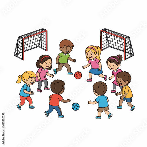 Cartoon Style Happy Diverse Children Playing Soccer Game Illustration