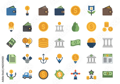 Flat Design Financial Icons Collection for Money Banking and Investment.