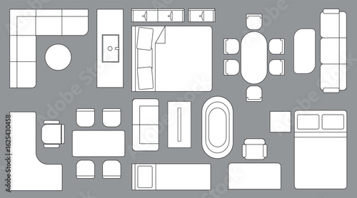 Top view of furniture outlines. Set of architectural furniture plan icons for a designer interior and architectural project. Thin line icon with white fill for furniture in the top view for a layout.