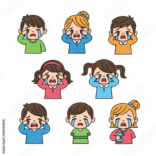 Cartoon Style of Crying Kids in Sad Emotion Character Illustration