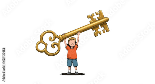 Boy holding a very large golden key above his head with both hands in a white background scene