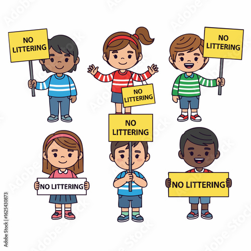 Handdrawn Diverse Children Holding No Littering Sign Campaign Illustration