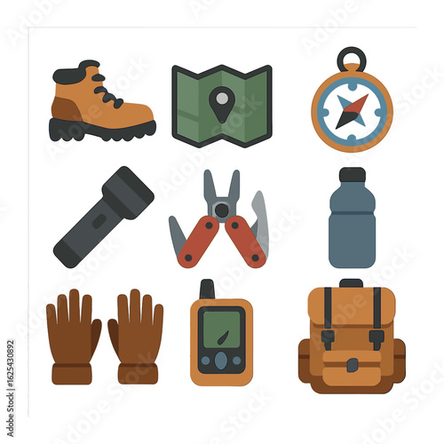 Adventure Gear Icons. olid, filled icons set of flat lay adventure trip tools: hiking boots, map, compass,
